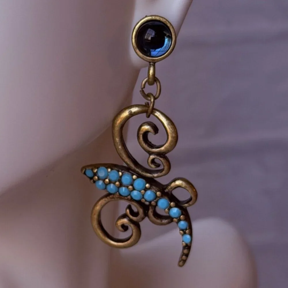 Vintage Y2K Chico’s Turquoise Brass Scroll Drop Earrings with Blue Stone Accents - Picture 5 of 7
